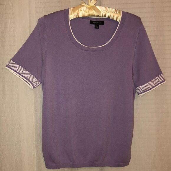 Ann Taylor L Lavender White Knit Short Sleeve Pullover Top Embroidered Sleeves - Picture 5 of 13